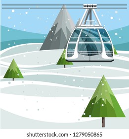 Cableway with empty ski lift cable on mountains background