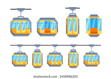 Cableway funicular set. Ski cable lift. Resort slope