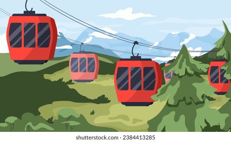 Cableway landscape concept. Red cabins at lines at background of christmas tree and hills. Beautiful panorama at summer and spring season. Poster or banner. Cartoon flat vector illustration