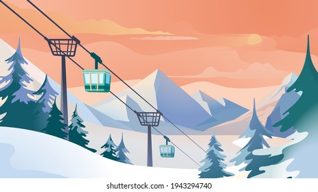 Cableway in the mountains landing page in flat cartoon style. Funicular with cabins, ropeway, cable car at ski or snowboard resort. Winter scenery with forest. Vector illustration of web background