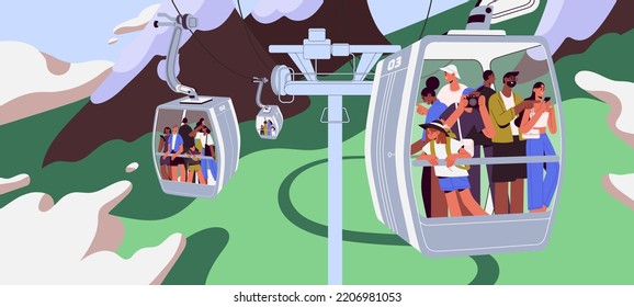 Cableway in mountains. People in cars, cabins of aerial cable lift, rope way on summer holiday. Tourists travel by cablecar of ropeway, looking nature landscapes, panorama. Flat vector illustration