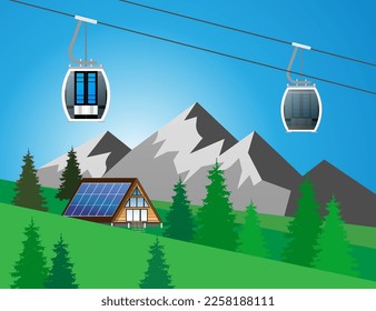 Cableway in the mountains ropeway, cable car at ski or snowboard resort. Winter scenery with forest. Vector illustration