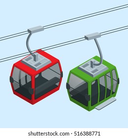 Cableway in the mountains. Vector Isometric infographic element or icon representing travel on cableway from the lower station to the viewing platform on mountain. 