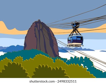 Cableway in Rio. Sugar Loaf with cable car. Landscape of Rio de Janeiro, Brazil. Vector graphic, illustration created by artist.