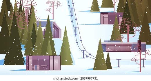 cableway in snowy mountains residential houses area ski resort christmas new year holidays celebration winter