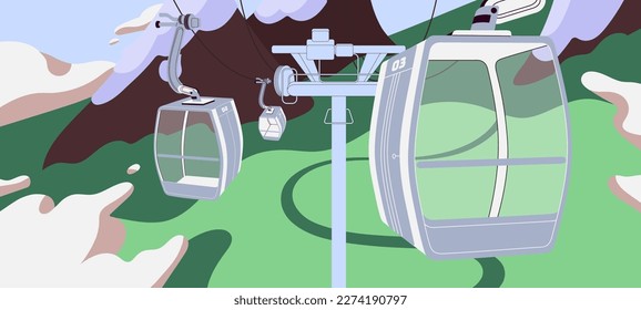 Cableway with suspended cablecars, empty glass cabins, cars on ropes. Summer nature landscape panorama with aerial trams, carriages, touristic transport in mountains. Flat vector illustration