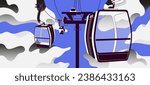 Cableway with transparent cabins. Empty glass cablecars carriages in sky, clouds. Cars of ropeway, aerial tramway trolley hanging on rope, cable. Monochrome outdoor panorama. Flat vector illustration