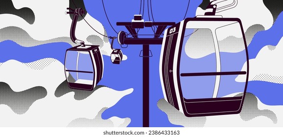 Cableway with transparent cabins. Empty glass cablecars carriages in sky, clouds. Cars of ropeway, aerial tramway trolley hanging on rope, cable. Monochrome outdoor panorama. Flat vector illustration