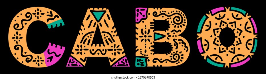 Cabo. Color isolated inscription with national ethnic ornament. Patterned red Mexican Cabo for prints on clothing, t-shirt, bag, booklet, sticker, poster, banner, flyer, card. Stock vector picture.