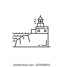 Cabo da roca landscape view of lighthouse at Cabo da Roca in Sintra, Portugal thin line icon. Vector outline graphic, Portuguese famous place, landmark sightseeing. Beacon on rock, ocean view line art