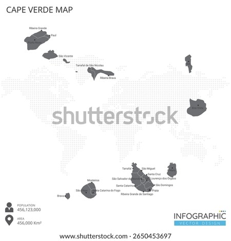 Cabo Verde or Cape Verde map high detailed with regions and cities of the country on white background. Vector illustration EPS10.