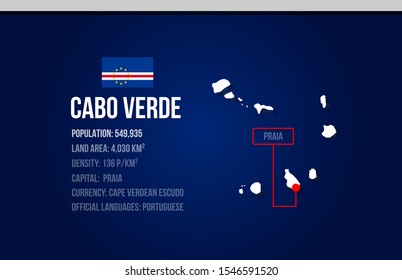 Cabo Verde country infographic with flag and map creative design. With data on number of people, its capital Praia, official languange and currency