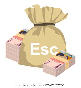 Cabo Verde Escudo Vector Illustration. West African money set bundle banknotes. Money bag 2000 CVE. Flat style. Isolated on white background. Simple minimal design.