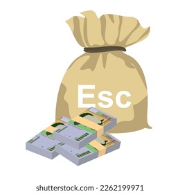 Cabo Verde Escudo Vector Illustration. West African money set bundle banknotes. Money bag 500 CVE. Flat style. Isolated on white background. Simple minimal design.