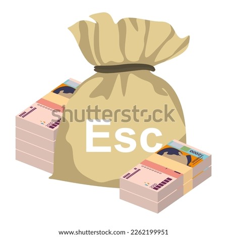 Cabo Verde Escudo Vector Illustration. West African money set bundle banknotes. Money bag 2000 CVE. Flat style. Isolated on white background. Simple minimal design.