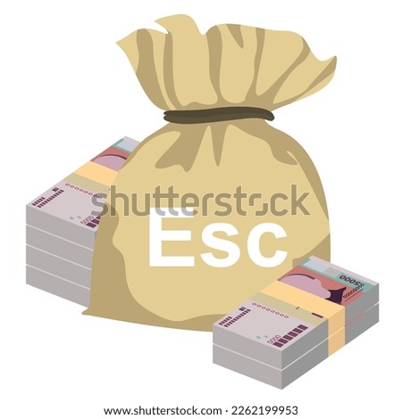 Cabo Verde Escudo Vector Illustration. West African money set bundle banknotes. Money bag 5000 CVE. Flat style. Isolated on white background. Simple minimal design.