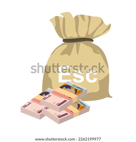 Cabo Verde Escudo Vector Illustration. West African money set bundle banknotes. Money bag 2000 CVE. Flat style. Isolated on white background. Simple minimal design.
