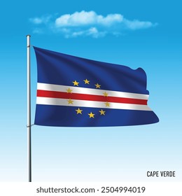 Cabo Verde flag flying on blue sky, vector illustation.