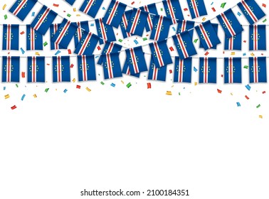 Cabo Verde flag garland white background with confetti, Hang bunting for Cabo Verde independence day celebration template banner, Vector illustration