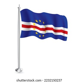 Cabo Verde Flag. Isolated Realistic Wave Flag of Cabo Verde Country on Flagpole. Vector Illustration.