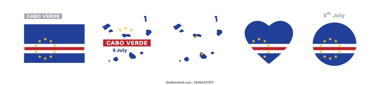 bandeira cabo verde e conjunto de mapas. bandeira cabo verde em cores e proporções oficiais. dia da independência 5 de julho , mapa, círculo e coração em forma de cabo verde