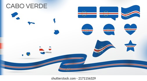 Cabo Verde flags set. Various designs. Map and capital city. World flags. Vector set. Circle icon. Template for independence day. Collection of national symbols. Ribbon with colors of the flag. Africa