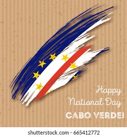 Cabo Verde Independence Day Patriotic Design. Expressive Brush Stroke in National Flag Colors on kraft paper background. Happy Independence Day Cabo Verde Vector Greeting Card.