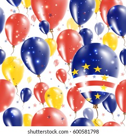 Cabo Verde Independence Day Seamless Pattern. Flying Rubber Balloons in Colors of the Cape Verdian Flag. Happy Cabo Verde Day Patriotic Card with Balloons, Stars and Sparkles.