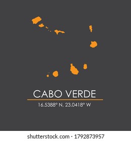 Cabo Verde map vector with coordinates isolated in dark gray background