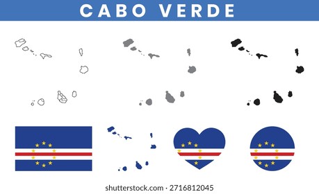 Cabo Verde mapa vetor com ilhas e bandeira nacional definida