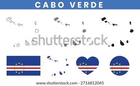 Cabo Verde map vector with islands and national flag set