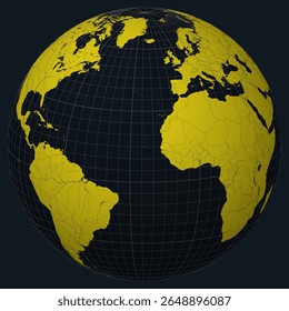 Cabo Verde no Globo. Vista do país no mapa do mundo em Carvão amarelo brilhante paleta de cores. Forma de Cabo Verde no mapa. Globo com meridianos, paralelos, países, rios e lagos.