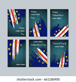 Cabo Verde Patriotic Cards for National Day. Expressive Brush Stroke in Flag Colors on dark striped background. Vector Greeting Card.