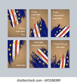 Cabo Verde Patriotic Cards for National Day. Expressive Brush Stroke in National Flag Colors on kraft paper background. Cabo Verde Patriotic Vector Greeting Card.