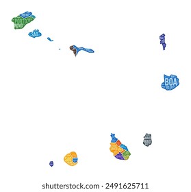 Cabo Verde shape. Country word cloud with region division. Cabo Verde colored illustration. Region names cloud. Vector illustration.