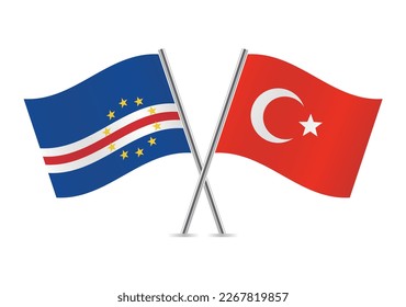 Cabo Verde and Turkey crossed flags. Cabo Verdean and Turkish flags on white background. Vector icon set. Vector illustration.