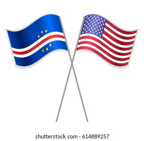 Cabo Verdean and American crossed flags. Cabo Verde combined with United States of America isolated on white. Language learning, international business or travel concept.