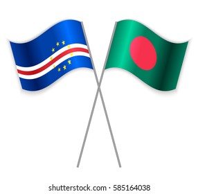 Cabo Verdean and Bangladeshi crossed flags. Cape Verde combined with Bangladesh isolated on white. Language learning, international business or travel concept.