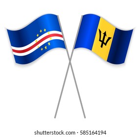 Cabo Verdean and Barbadian crossed flags. Cape Verde combined with Barbados isolated on white. Language learning, international business or travel concept.