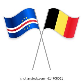 Cabo Verdean and Belgian crossed flags. Cabo Verde combined with Belgium isolated on white. Language learning, international business or travel concept.