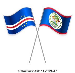 Cabo Verdean and Belizean crossed flags. Cabo Verde combined with Belize isolated on white. Language learning, international business or travel concept.