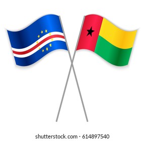 Cabo Verdean and Bissau-Guinean crossed flags. Cabo Verde combined with Guinea-Bissau isolated on white. Language learning, international business or travel concept.