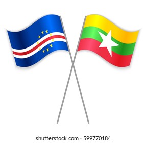 Cabo Verdean and Burmese crossed flags. Cape Verde combined with Myanmar isolated on white. Language learning, international business or travel concept.