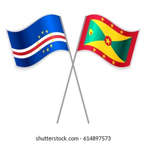 Cabo Verdean and Grenadian crossed flags. Cabo Verde combined with Grenada isolated on white. Language learning, international business or travel concept.