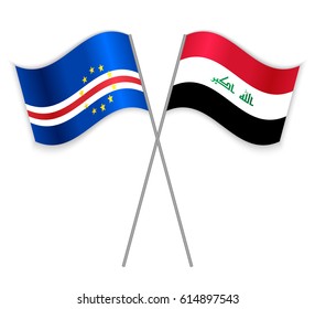 Cabo Verdean and Iraqi crossed flags. Cabo Verde combined with Iraq isolated on white. Language learning, international business or travel concept.