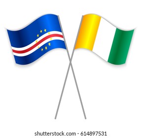 Cabo Verdean and Ivorian crossed flags. Cabo Verde combined with Ivory Coast isolated on white. Language learning, international business or travel concept.