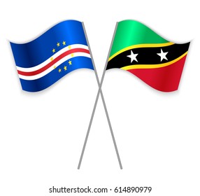 Cabo Verdean and Kittitian crossed flags. Cabo Verde combined with Saint Kitts and Nevis isolated on white. Language learning, international business or travel concept.