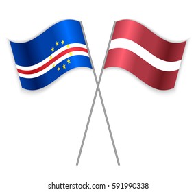 Cabo Verdean and Latvian crossed flags. Cape Verde combined with Latvia isolated on white. Language learning, international business or travel concept.