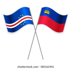 Cabo Verdean and Liechtenstein crossed flags. Cape Verde combined with Liechtenstein isolated on white. Language learning, international business or travel concept.