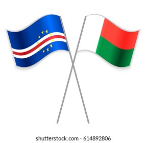 Cabo Verdean and Malagasy crossed flags. Cabo Verde combined with Madagascar isolated on white. Language learning, international business or travel concept.